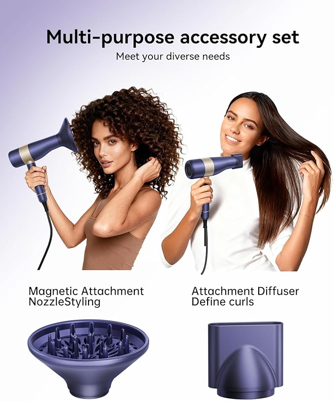 CONFU Hair Dryer, Ionic Hair Dryer for Curly Hair with Diffuser, 110,000 RPM Fast Drying Blow Dryer, Attachments for All Hair Types, Light and Quiet, Sunset Purple