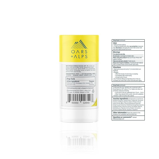 Oars + Alps Clear Face Sunscreen Stick, SPF 35 Travel Sunscreen Roll On for Face & Body, SPF Stick with Vitamin E & Antioxidants, Water & Sweat Resistant, All Skin Types, Moisturizing, 1.7oz, 1pk