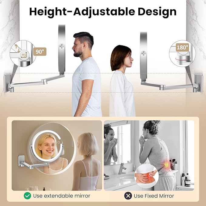 Wall Mounted Makeup Mirror with Lights, 8-inch 20X/1X Magnifying Mirror, Rechargeable LED Vanity Mirror with 3 Color Lights, 360° Swivel & Extendable Arm