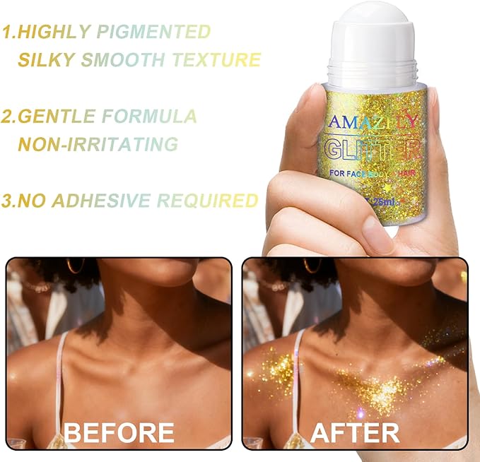 1PC Roll-on Holographic Body Glitter Gel for Body, Hair, Face, Chameleon Color Changing Glitter Gel Under Light, Chunky Mermaid Sequins Festival Party Rave Accessories Shimmer Makeup (Gold)