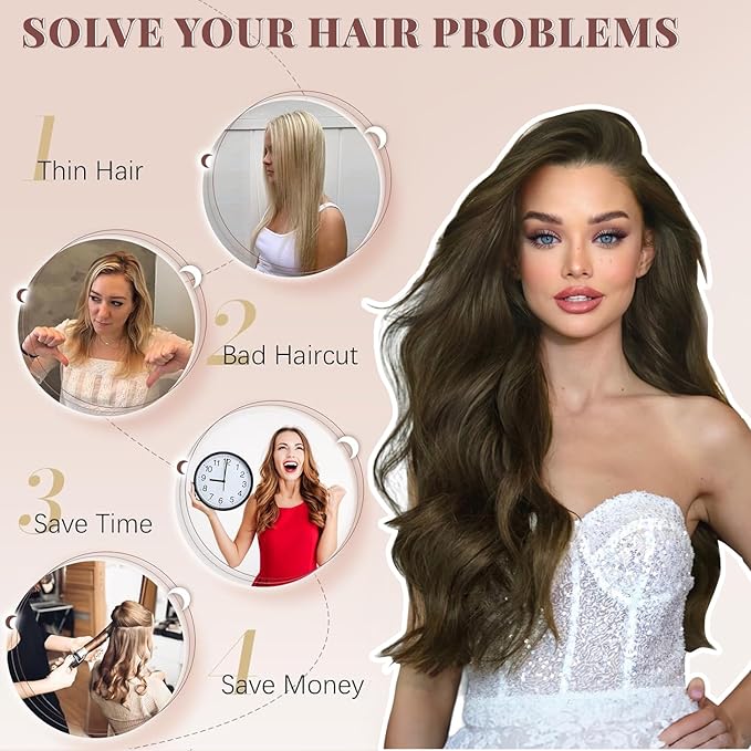 ALXNAN Clip in Long Wavy Synthetic Hair Extension 20 Inch Light Chestnut Brown 4PCS Thick Hairpieces Fiber Double Weft Hair for Women