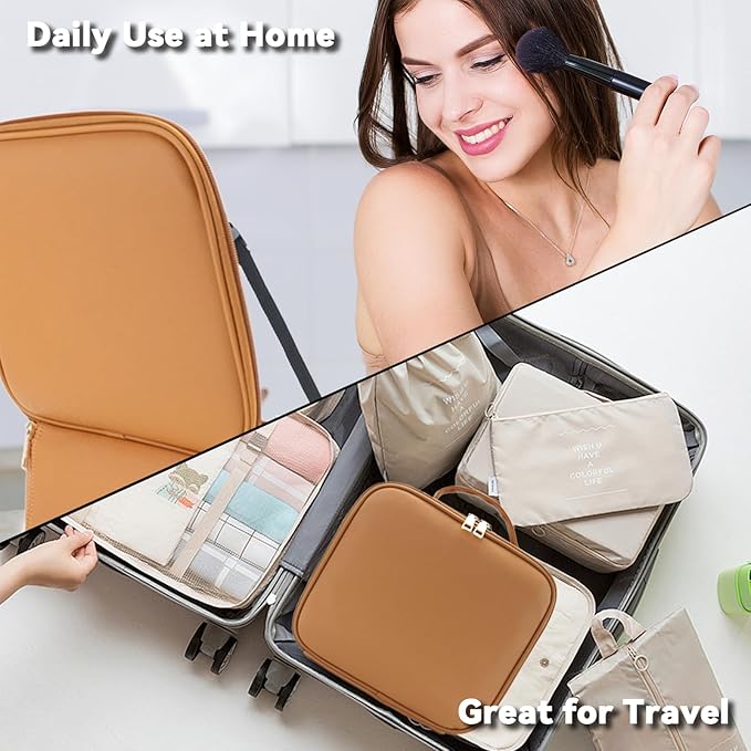 SLUMAZI Travel Makeup Bag with LED Mirror and 10x magnifying glass with 3 Lighted Settings, Adjustable Dividers and Makeup Brush Storage Bag Caramel