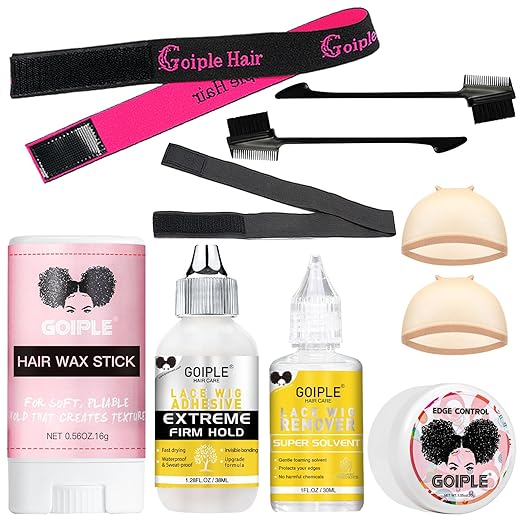 Wig Glue 1.28OZ, Waterproof Lace Front Adhsive for Wigs with Tools and Hair Wax Stick (Lace Adhesive/Wig Glue Remover/Wax Stick/Edge Control Wax/Elastic Band/Hair Dual Drush/Wigs Caps)