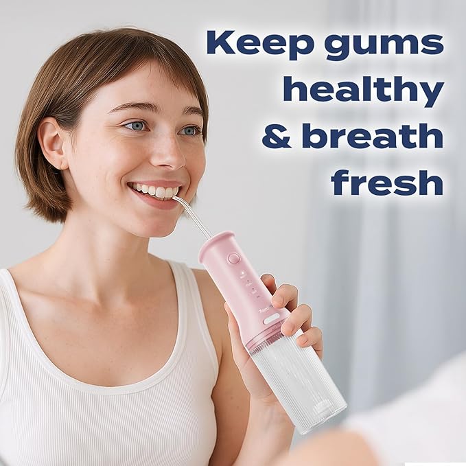 7AM2M Portable Cordless Water Flosser, Oral Irrigator with 3 Modes & 2 Tips, Fast Rechargeable, IPX7 Waterproof, Dental Water Flosser for Travel and Home Use (Pink)