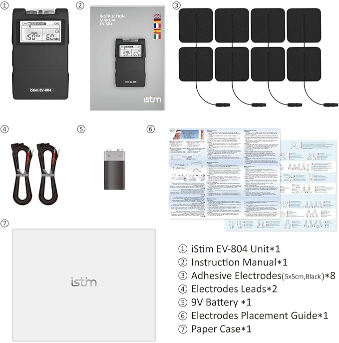 iSTIM EV-804 TENS/EMS 2 Channel Rechargeable Combo Machine Unit - Muscle Stimulator + Back Pain Relief and Management- 7 modes/24 Programs/Backlit (Including Electrodes Pads)