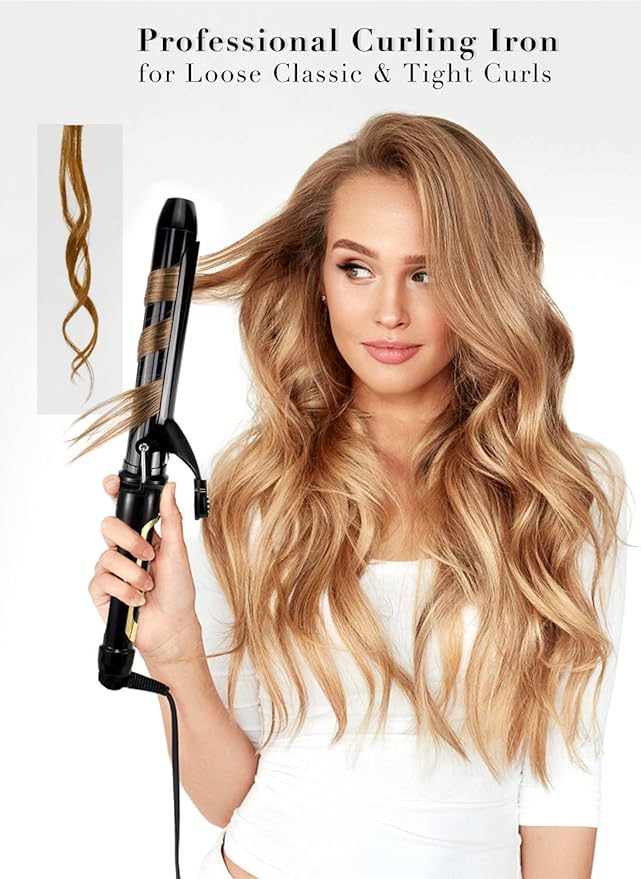 Lanvier 1.25 Inch Clipped Curling Iron with Extra Long Tourmaline Ceramic Barrel, Professional 1 1/4 Inch Hair Curler up to 450°F Dual Voltage for Traveling, Hair Waving Style Tool–Black