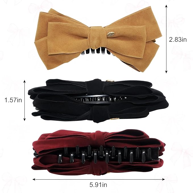 3 Pack Velvet Bow Banana Clips for Hair, Large French Hair Claw Clips for Women Thick Hair, Non-Slip Strong Hold Ponytail Holder, Elegant Ribbon Jaw Clips Accessories (Black, Burgundy, Camel)