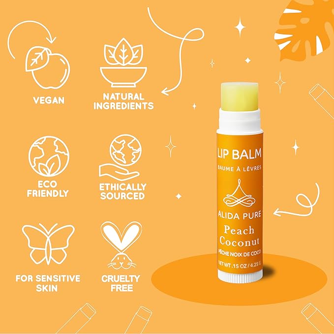 ALIDA PURE Peach Coconut Lip Balm Collection, Vegan Set, Lip Balm, Beeswax Free, with Organic Jojoba And Avocado Oil, Vitamin E, Natural Moisturizer for Dry, Chapped Lips, 3 Tube Set