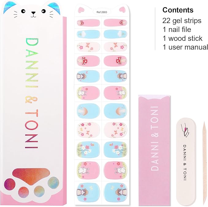 DANNI & TONI Kids Gel Nail Strips Cat Bunny Flowers Mashroom Salon-Quality Peel & Stick Manicure for Children (Age 6+)– Safe, Long-Lasting, Easy to Apply | Purr & Hop