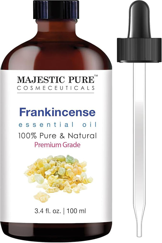 Majestic Pure Essential Oil with Glass Dropper - 100% Pure and Natural - Essential Oils for Diffuser, Aromatherapy, Soap and Candle Making, Frankincense Essential Oil, Frankincense Oil, 3.4 Fl Oz