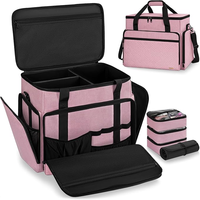 FREEAMG Extra Large Makeup Case with 4 Removable Pouches, Professional Make up Train Case,Travel Cosmetic Bag for Hairstylists Nail Tech Makeup Artist with Shoulder Strap and Handle (Pink)（Bag only）