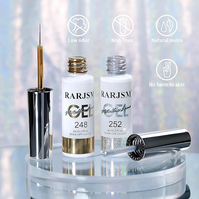 RARJSM Metallic Chrome Gel Liner Nail Art 3D Mirror Holographic Silver and Bronze Gold 2Pcs Set Gel Nail Polish 8ml Painting Build in Thin Brush Painted Drawing Striper GelPolish Curing Requires