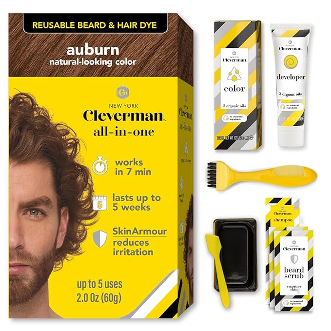 Reusable Hair & Beard Dye for Men – Auburn | Up to 5 Uses, 7 Minutes | Natural Gray Coverage, No-Drip Cream with SkinArmour® – Cleverman