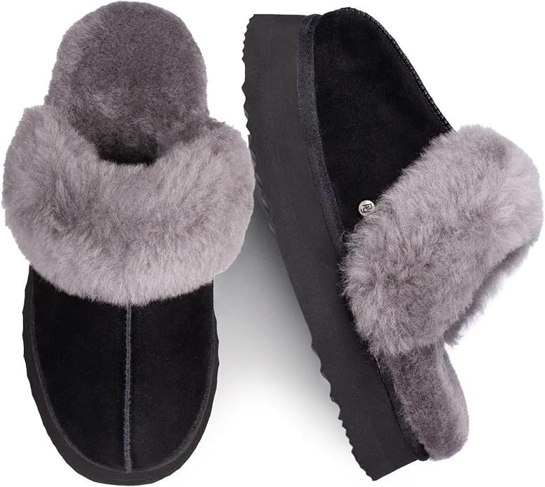 Parfeying Women's Shearling Slippers Genuine Leather with Rubber Sole, Sheepskin Fuzzy Indoor Outdoor Shoes for Home