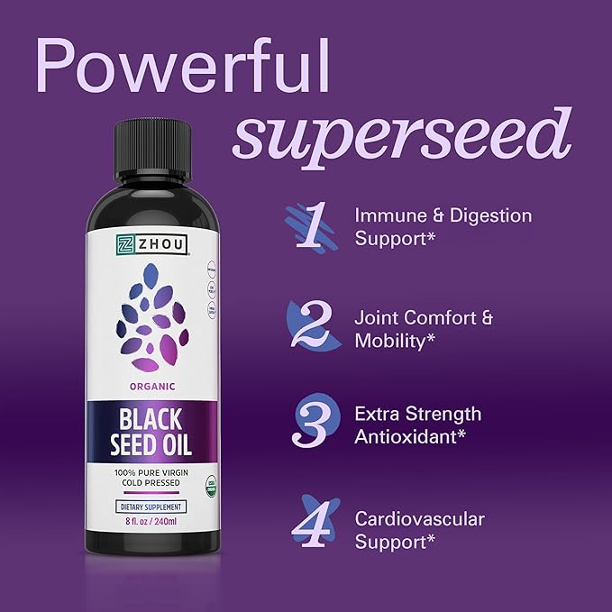 Zhou Organic Black Seed Oil - Black Cumin Seed Oil Cold Pressed, Nigella Sativa, Pure Unrefined Blackseed Liquid, Premium Supplement for Health with Thymoquinone, Omega 3 6 9 - 8 Fl Oz (Pack of 1)