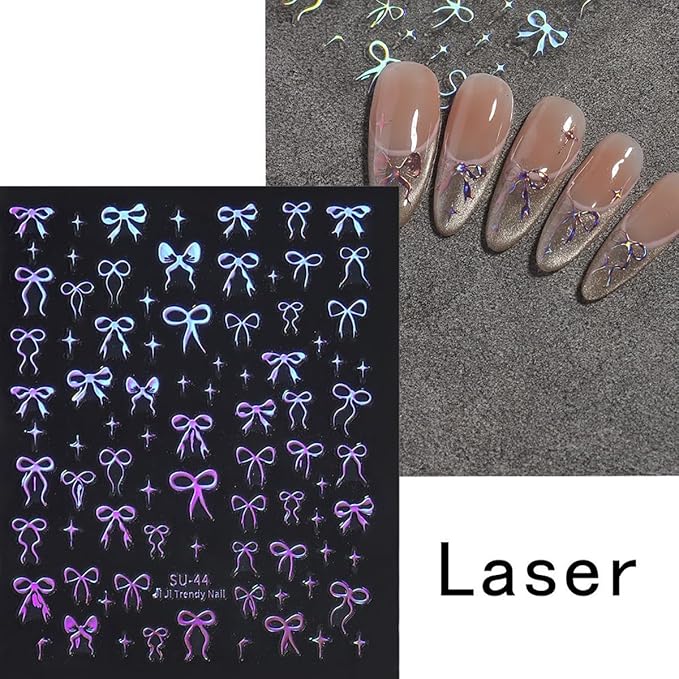 Bow Nail Stickers for Nail Art 3D Self Adhesive Gold Red Laser Star Bow Nail Decals Valentines Nails Sticker Design DIY Manicure Decoration Decal for Women Acrylic Nails 6 Sheets