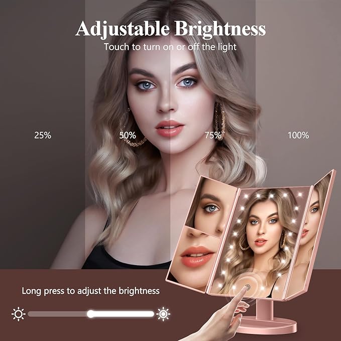 HUONUL Makeup Mirror, Vanity Mirror with Lights, 2X/3X/10X Magnification, Touch Control, Trifold, Dual Power Supply, Valentines Day Gifts for Her,Gifts for Women, Wife, Mom, Girls,Dorm Room Essentials