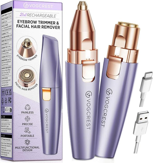 Eyebrow Facial Trimmer: 2 in1 Rechargeable Facial Hair Removal and Eyebrow Shaver - Face Lips Body Painless Facial Razor with Built-in LED Light (Solar Purple)