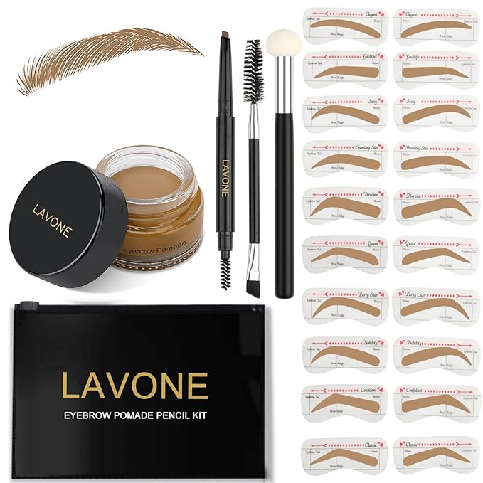 LAVONE Eyebrow Stamp Stencil Kit, Brow Stamp Trio Kit with Waterproof Eyebrow Pencil, Pomade, 20 Eyebrow Stencils, Dual-ended Eyebrow Brush and Sponge Applicator - Gold Brown