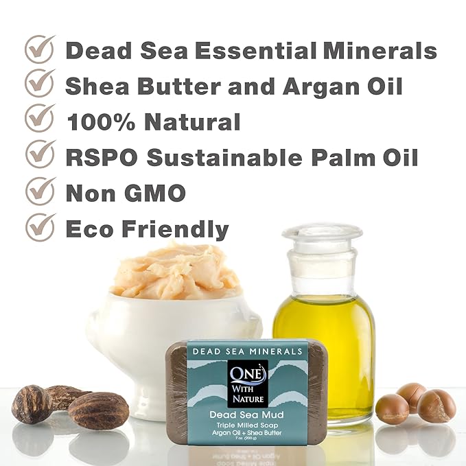 One With Nature Dead Sea Mud Soap 4oz 3-Pack – Purifying and Exfoliating Soap Bar with Dead Sea Salt Minerals for Face & Body, for Men & Women, Unscented