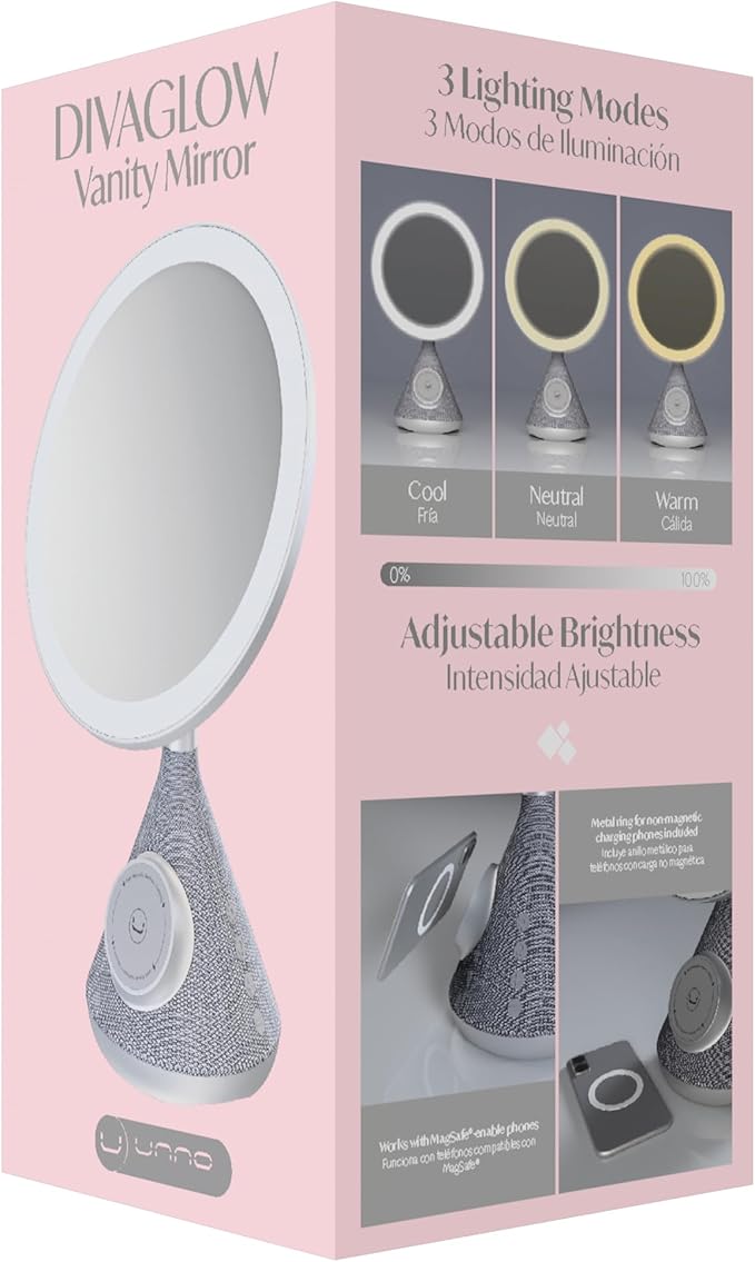 UNNO Vanity Mirror with 15W Wireless Charger and Speaker, LED Lighted Makeup Mirror, 3 Lighting Modes, Adjustable Brightness