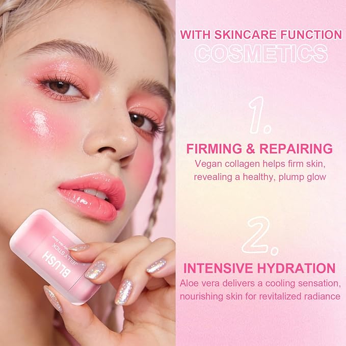 2 Pcs Jelly Blush Contour Stick for Cheeks Eyes Lips Lightweight Dewy Finish Blush Stick Waterproof Long Lasting Lightweight, Sheer & Buildable Color Makeup Set for Wome (SET A)