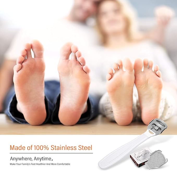 52 Pieces Callus Shaver Set, 50 Replacement Slices Blades 1 Stainless Steel Callus Shaver and 1 Foot File Head Foot Care Tools Hard Dry Skin Remover for Hand Feet