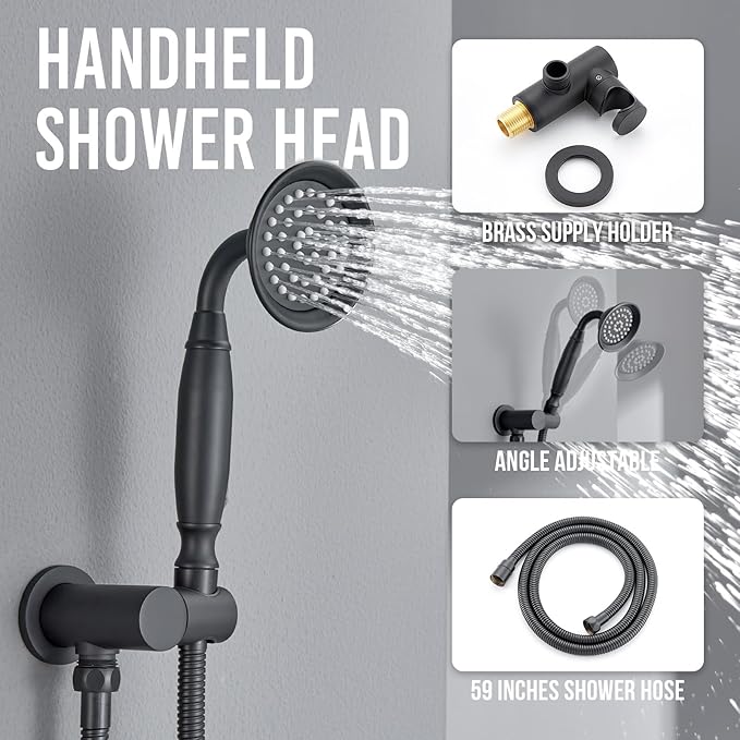 DASAN Antique Shower Faucet Sets Complete Rain Shower System in Wall with Body Shower Spray Jets, Matte Black Shower Fixtures with Rainfall Overhead Shower, Handheld, Shower Valve &Trim, AT249C-MB