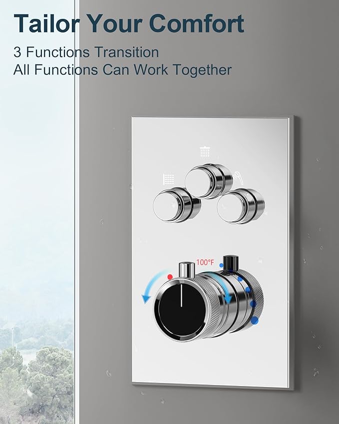 GRANDJOY Thermostatic Shower System, Dual Rainfall Shower Heads for Ceilling & Wall Mounted with Handheld Sprayer, Chrome