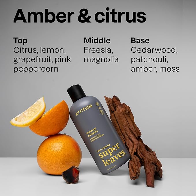 ATTITUDE Shower Gel Body Wash for Men, 98% Natural Origin Ingredients, Paraben & Phthalate Free, EWG Verified, Cleanses Without Drying, Amber & Citrus, 14 Fl Oz