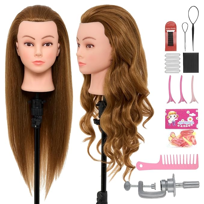 28Inch Mannequin Head with 80% Real Human Hair - Doll Head for Hair Styling Braiding Curling,Cosmetology Mannequin Head with hair with Table Clamp Hair Styling Set (Blonde)
