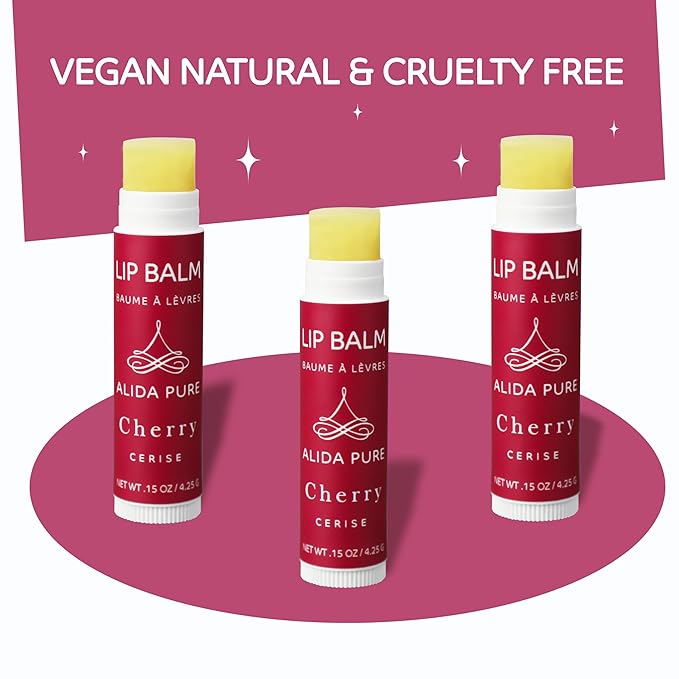 ALIDA PURE Cherry Lip Balm Collection, Vegan Set, Beeswax Free, with Organic Jojoba and Avocado Oil, Vitamin E, Natural Moisturizer for Dry, Chapped Lips, 3 Tube Set
