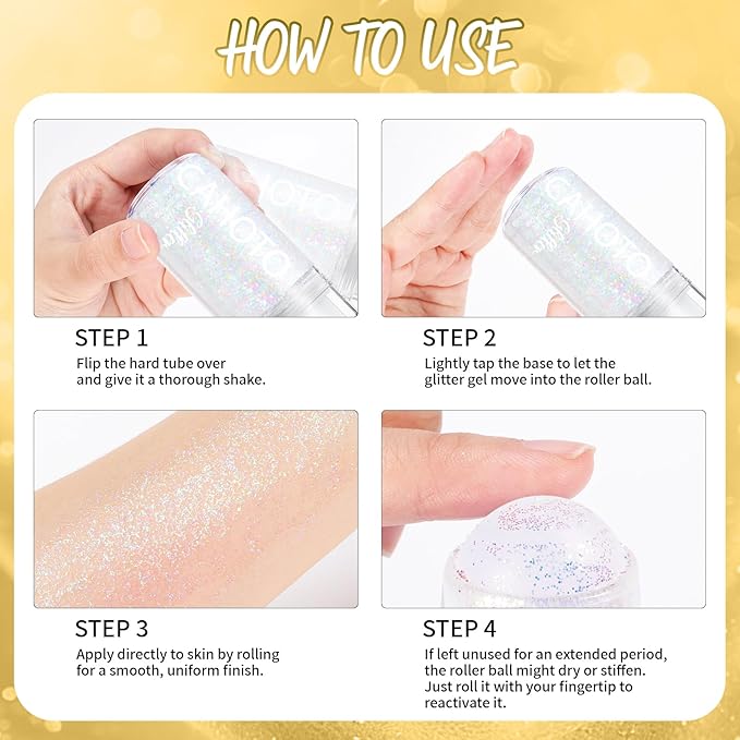 Gold Rolling Glitter for Face Body & Hair, Sparkling Holographic Chunky Shimmer, Roll-on Sequins for Singer Concert Mardi Gras Rave Festival Halloween Party Carnival, 1.35fl.oz