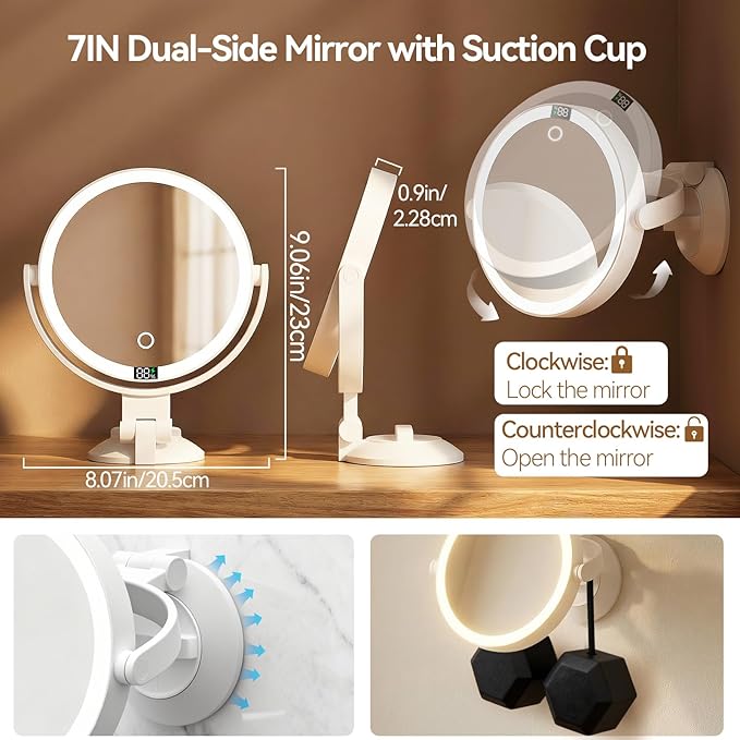 Shinowa Makeup Mirror with Lights, 20X Wall Mounted Lighted Magnifying Mirror, 2-Sided Vanity Mirror with 3 Color Lights & Brightness Adjustment, 360° Rotation Rechargeable Desk Mirror, Travel Mirror