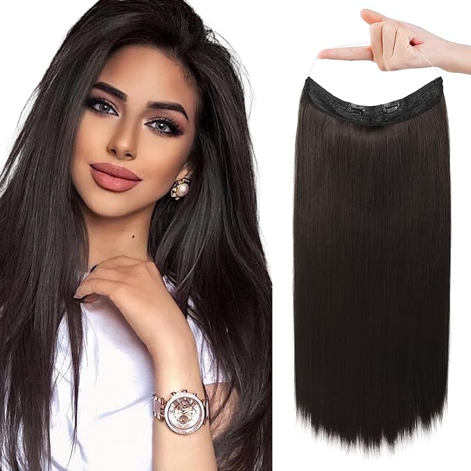REECHO Invisible Wire Hair Extensions with Transparent Headband Adjustable Size Removable Secure Clips in Straight Secret Hairpiece for Women (20 Inch (Pack of 1), Black Brown)