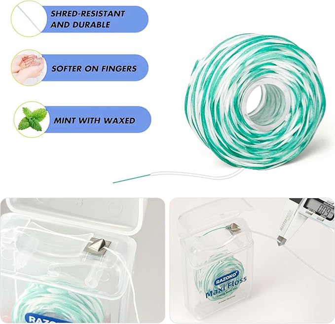 RAZOKO Threader Floss for Braces,Implants,Bridges-130 Count Pre-Measured Strands 2-in-1 Expanding Waxed Dental Floss for Deep Clean,Light Mint Flavored