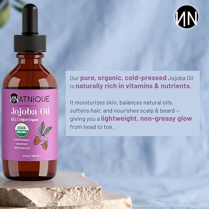 Natnique Organic Jojoba Oil 4 oz – USDA Certified, Cold Pressed, Unrefined & Hexane-Free – Pure Moisturizer for Hair, Face, Skin, Beard, Scalp, Nails & Cuticles – Natural Care (4 Oz)
