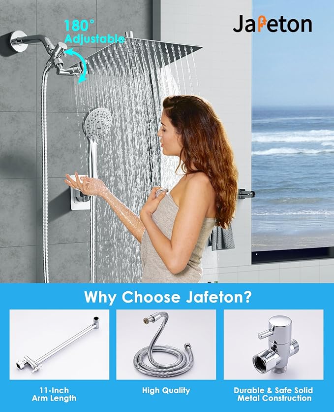 Jafeton High Pressure Rainfall Shower Head with Handheld Spray Combo – 5 Spray Modes, 10" Rain Shower, Anti-Clog Nozzles, Rust-Resistant Chrome Plating & Brass, Flexible Extension Arm