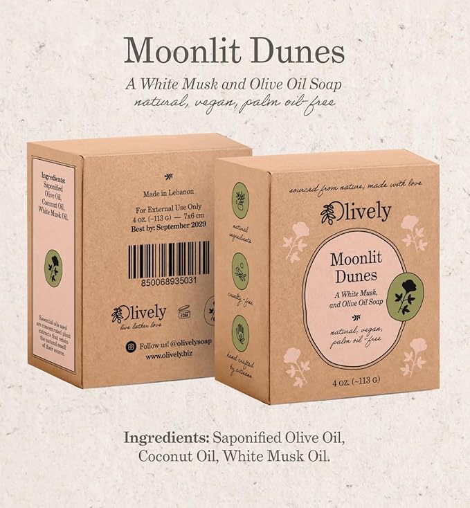 Olively Moonlit Dunes - Cold Process - Vegan Beauty Bar - White Musk and Olive Oil, Palm Oil-Free, 4 oz