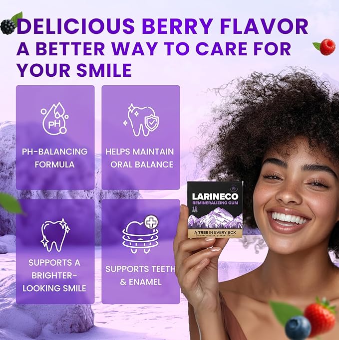 Larineco Remineralizing Gum with Nano Hydroxyapatite & Xylitol – Sugar-Free Xylitol Gum – Plastic-Free, Dye-Free, Aspartame-Free – Natural Base – 36 Pieces (18 Count (Pack of 2), Berry)