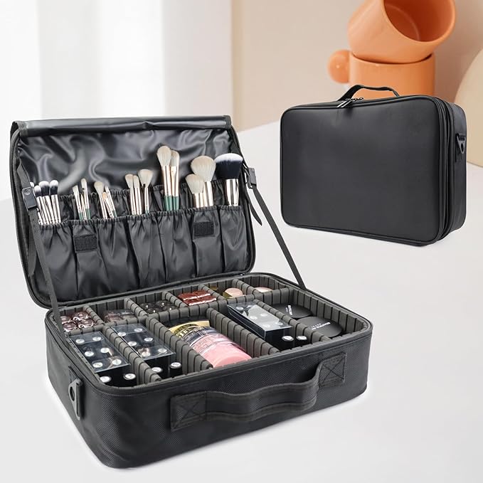 SLUMAZI Travel Makeup Bag Makeup Cosmetic Train Case Organizer Portable Storage Bag with Adjustable Dividers for Cosmetics Makeup Brushes Toiletry Jewelry Black Medium