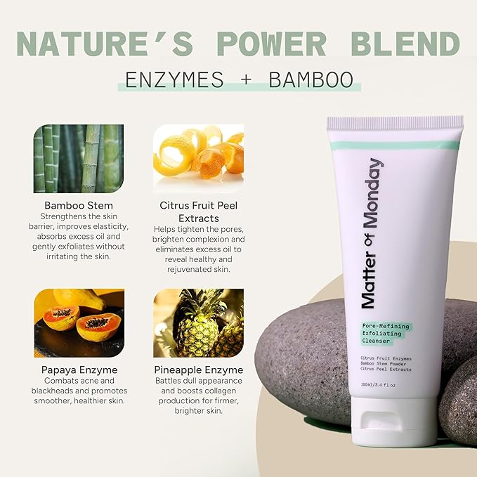 Matter of Monday Pore Minimizing Face Wash - Exfoliating Cleanser with Fruit Enzymes & Bamboo - Daily Facial Cleanser for Oily Acne Prone Skin - Deep Pore Cleanser