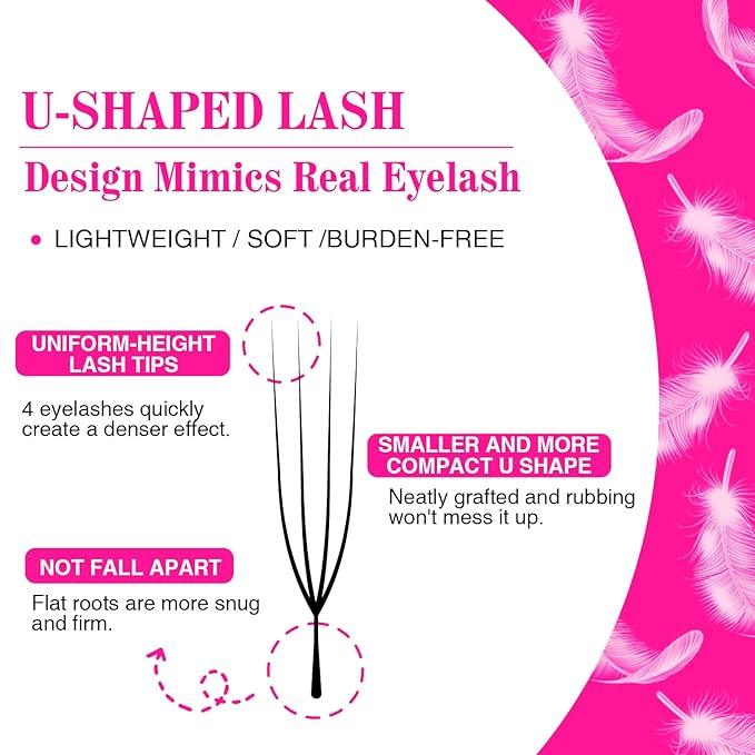 TDANCE U Lash Extensions 2D 3D 4D 5D UU Lash Fans Eyelash Extension U Shaped Natural Volume Lashes Extension Soft Matte Black Lashes(UU-4D-0.07-D,8-15mm)