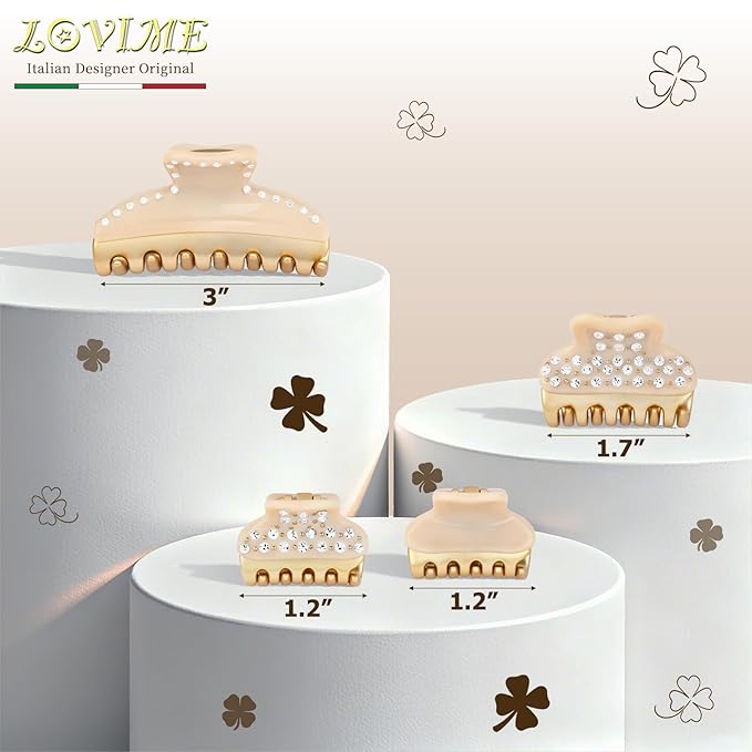 1.2" Mini Clover Claw Clips for Girls Kids - 18K Gold Plated Small Beige Hair Clips for Side Bangs & Braids, Rhinestone Hair Accessories for Fine Hair, Cute Birthday Gift for Daughter