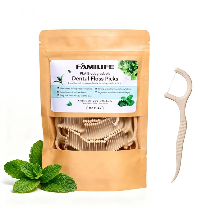 FAMILIFE Eco-Friendly Floss Picks (100Pcs) - Plant Based Dental Floss Picks with Strong Toughness, Natural Tooth Picks Flossers for Adults Daily Oral Cleaning & Gentle Gum Care, Mint Flavor