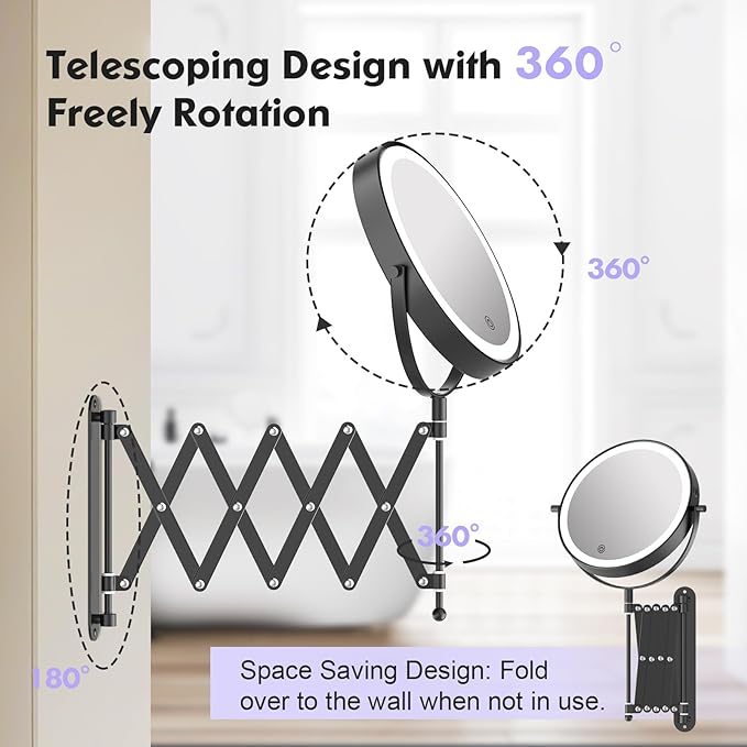 Rechargeable Wall Mounted Makeup Mirror - 8 Inch Double Sided 1X/10X Magnifying Mirror with 3 Color Lights Dimmable Touch Screen, 360°Swivel 19.6 Inch Extendable Accordion Bathroom Mirror - Black