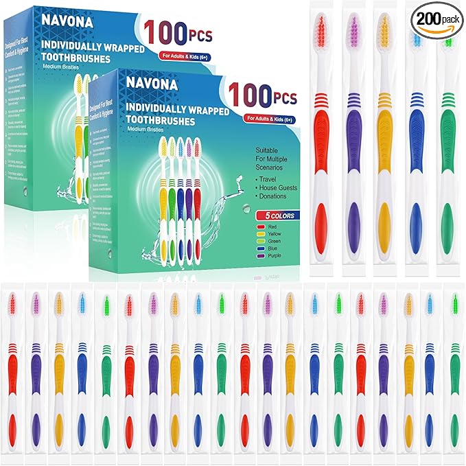 Navona 200 PCS Premium Individually Wrapped Bulk Toothbrush Pack, Disposable Toothbrushes, Kids Toothbrush, Medium Soft Bristle Toothbrushes, Ergonomics Handle, Perfect for Travel Hotel Donation