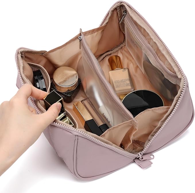 NISHEL Travel Makeup Bag for Women, Fluffy & Lightweight Open Flat Cosmetic Organizer with Multiple Functional Divider for Brush Independent Storage, Handle for Easy Portability, Peach-Pink
