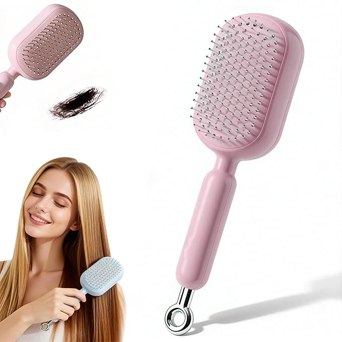 Retractable Cushion Massage Comb, 2026 Upgrade Self Cleaning Hair Massage Brush Anti-Static Air Cushion Comb, Retractable Cushion Scalp Comb for Curly Wet Dry Damaged Hair (Pink)