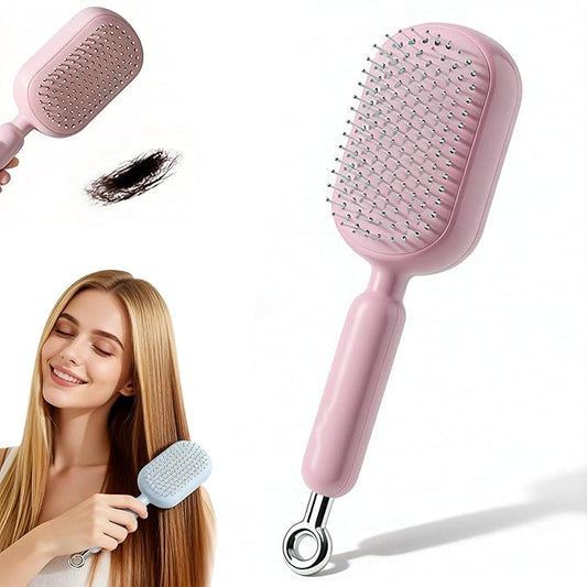 Retractable Cushion Massage Comb, 2026 Upgrade Self Cleaning Hair Massage Brush Anti-Static Air Cushion Comb, Retractable Cushion Scalp Comb for Curly Wet Dry Damaged Hair (Pink)